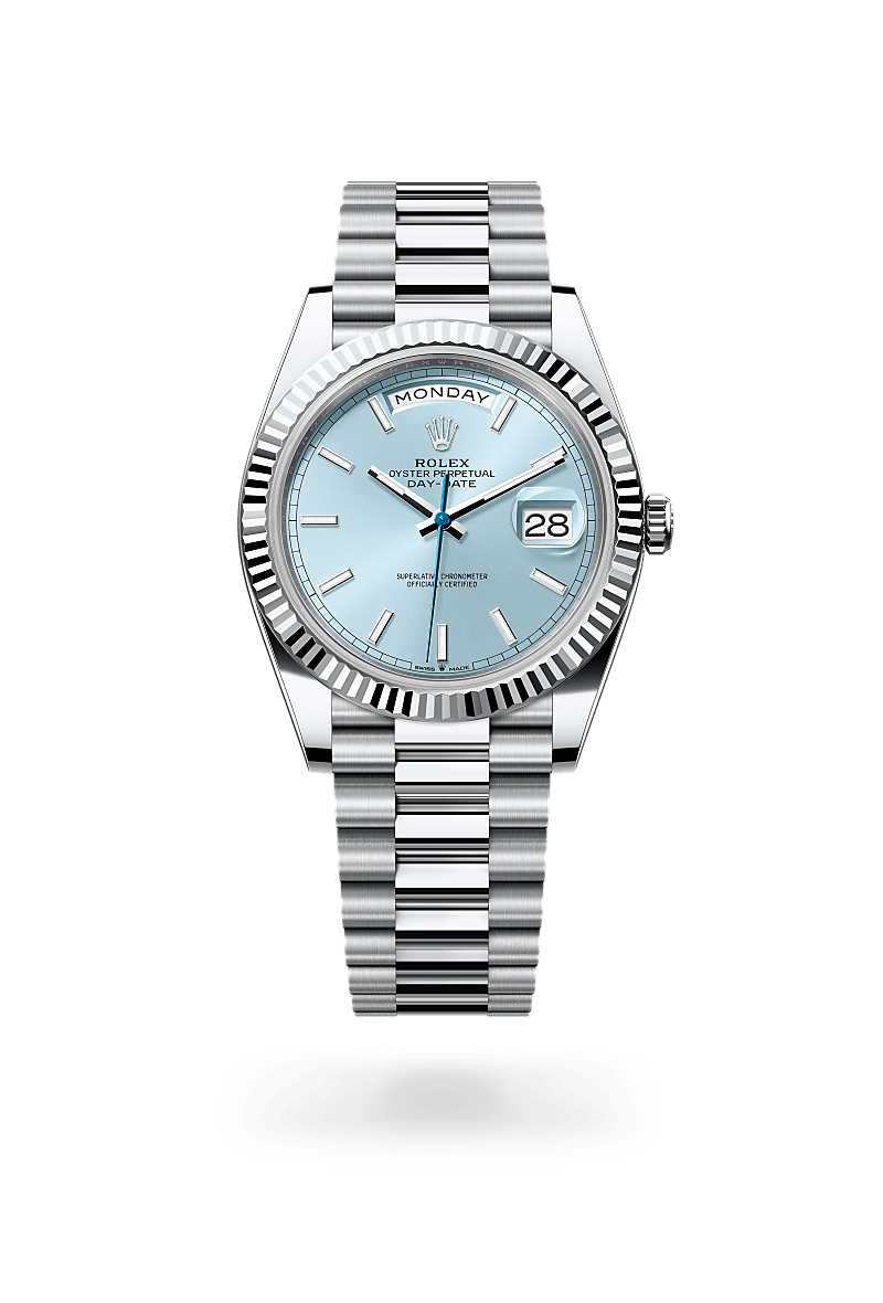 Rolex Day-Date 40 in platinum with an Ice blue dial, Fluted bezel, and Oyster bracelet
