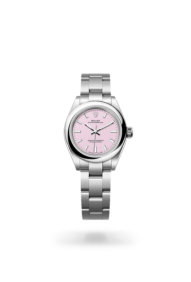 Rolex Oyster Perpetual 28 in Oystersteel with an Candy pink dial, Domed bezel, and Oyster bracelet