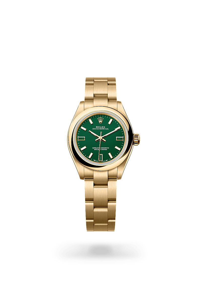 Rolex Oyster Perpetual 28 in yellow gold with an Green stone dial, Domed bezel, and Oyster bracelet