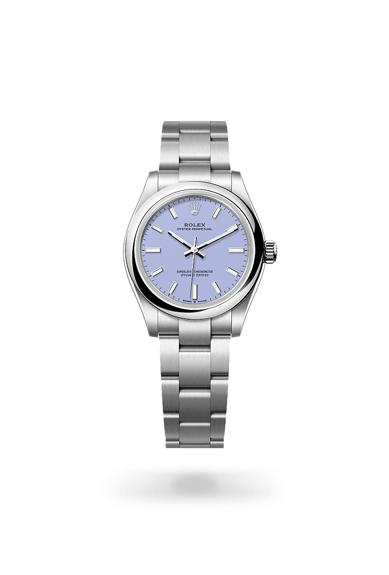 Rolex Oyster Perpetual 31 in Oystersteel with an Lavender dial, Domed bezel, and Oyster bracelet