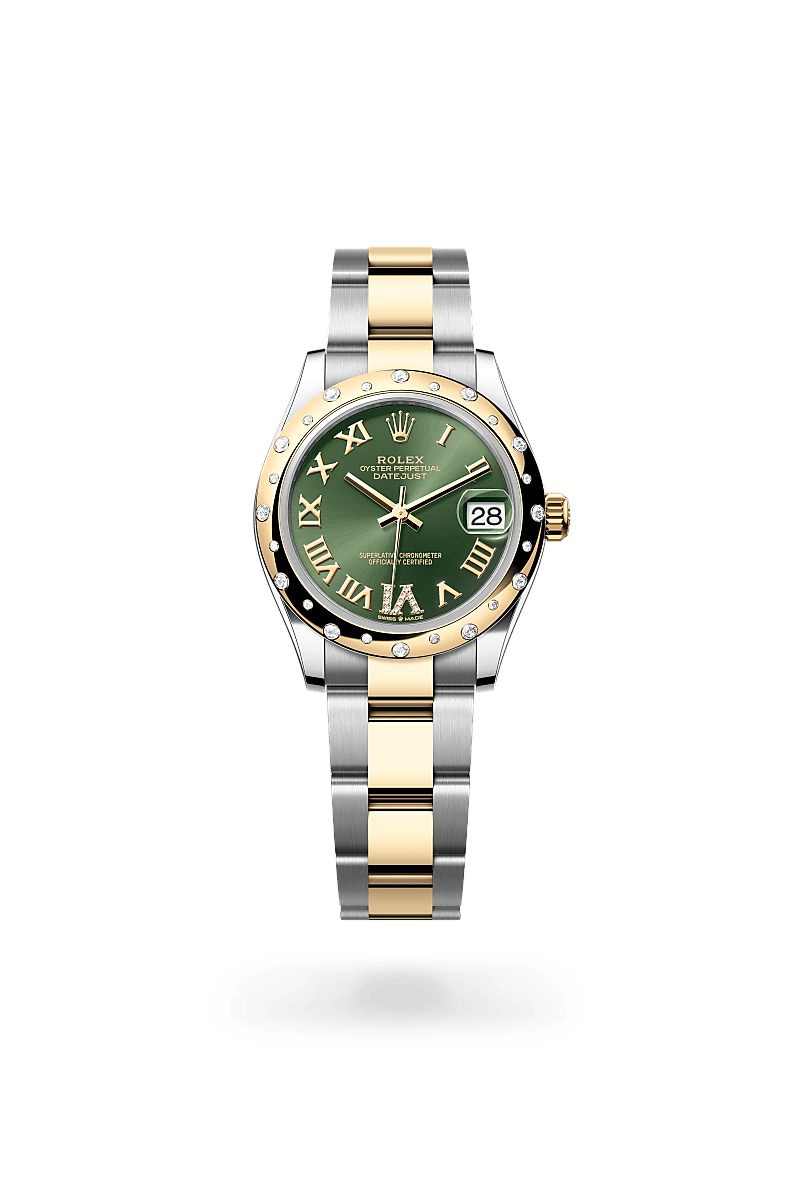 Rolex Datejust 31 in yellow gold and diamonds with an Olive green set with diamonds dial, Domed, set with diamonds bezel, and Oyster bracelet
