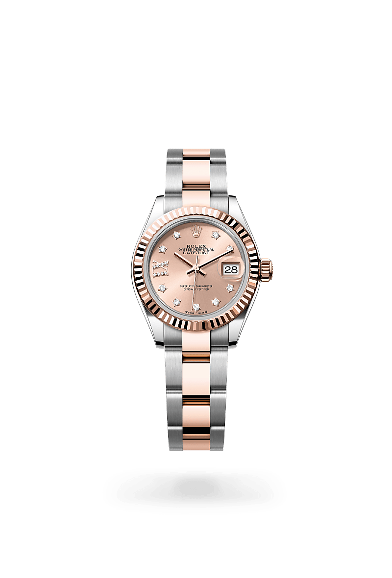 Rolex Lady-Datejust in Oystersteel and Everose gold with an Rosé-colour set with diamonds dial, Fluted bezel, and Oyster bracelet