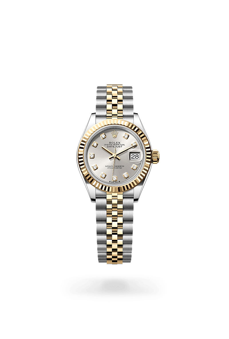 Rolex Lady-Datejust in Oystersteel and yellow gold with an Silver set with diamonds dial, Fluted bezel, and Oyster bracelet