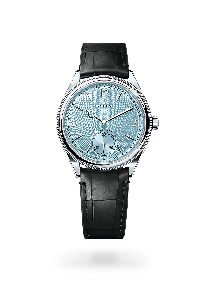 Rolex 1908 in polished finish with an Ice blue, rice-grain motif dial, Domed and fluted bezel, and 39 mm bracelet