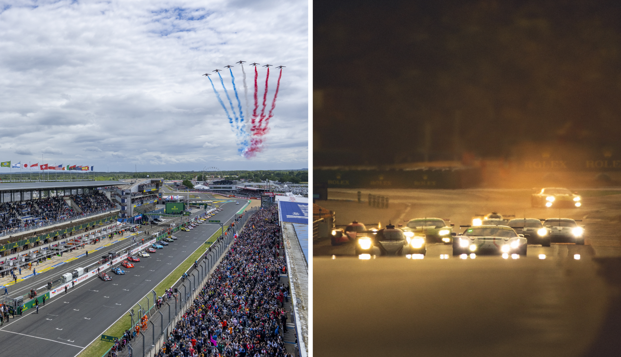 Split image of race cars on a racetrack