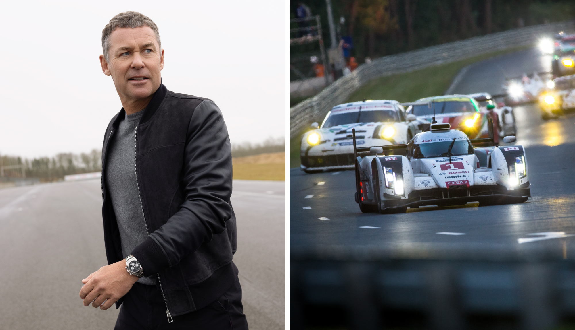 Split image of man wearing Rolex Cosmograph Daytona watch and race cars