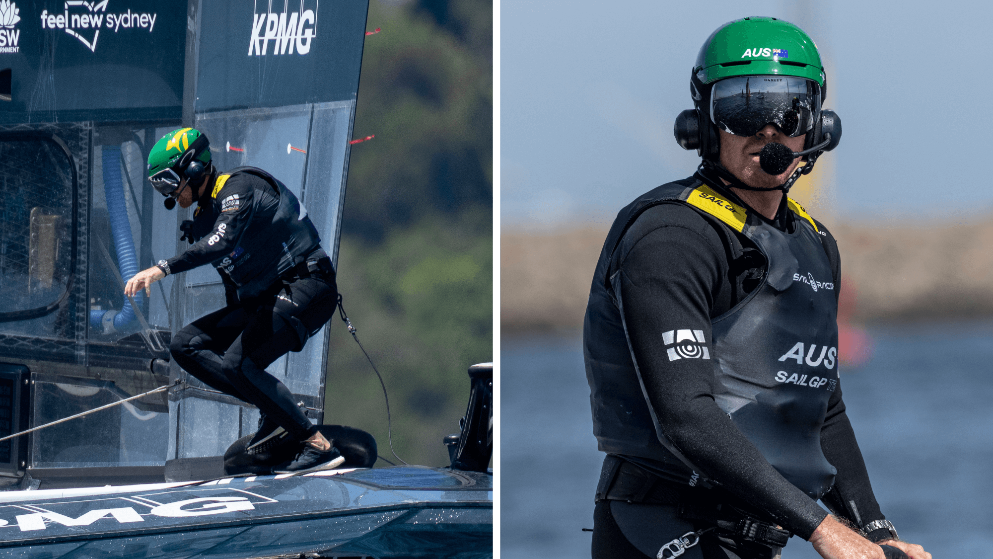 Split image of Tom Slingsby with a sailboat