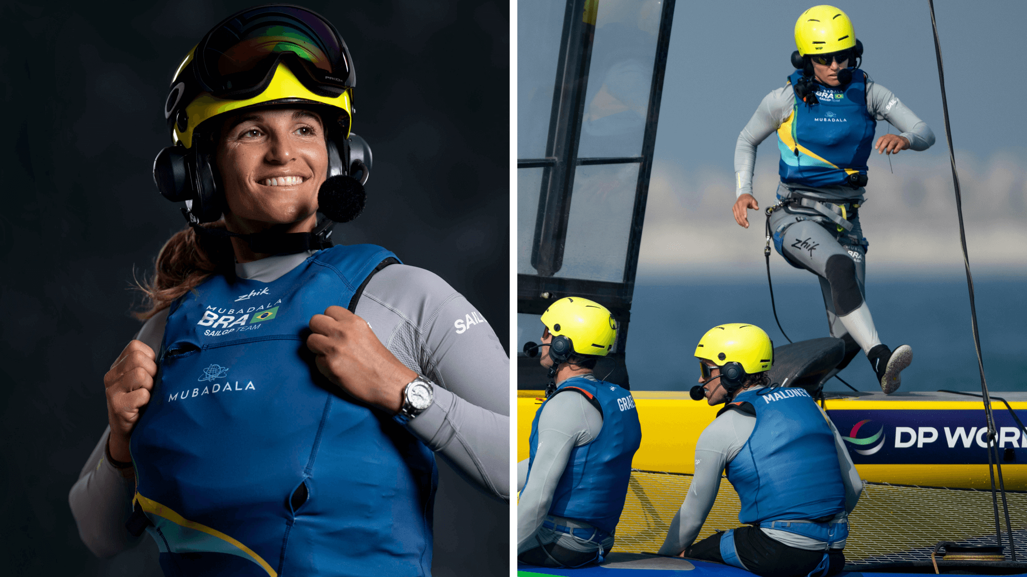 Split image of Martine Grael with a sailboat